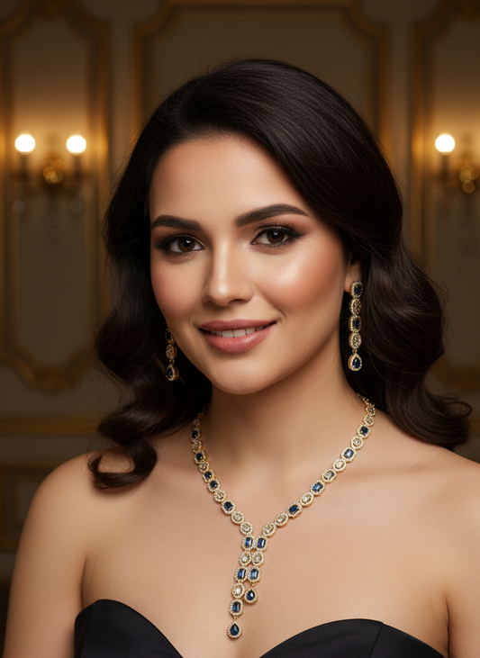 Blue-White Golden AD Necklace Set