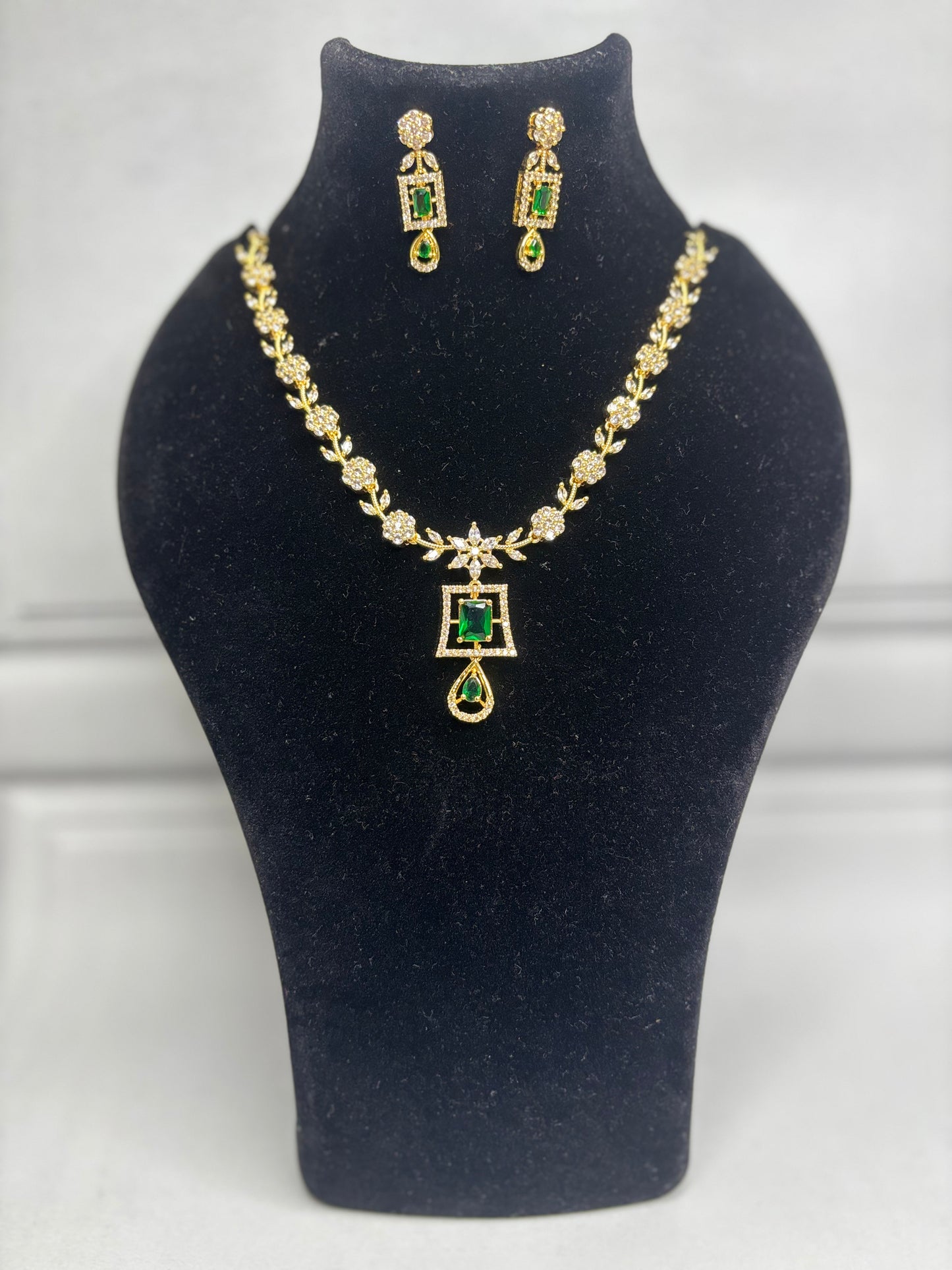 Emerald Green Gold Plated AD Necklace Set