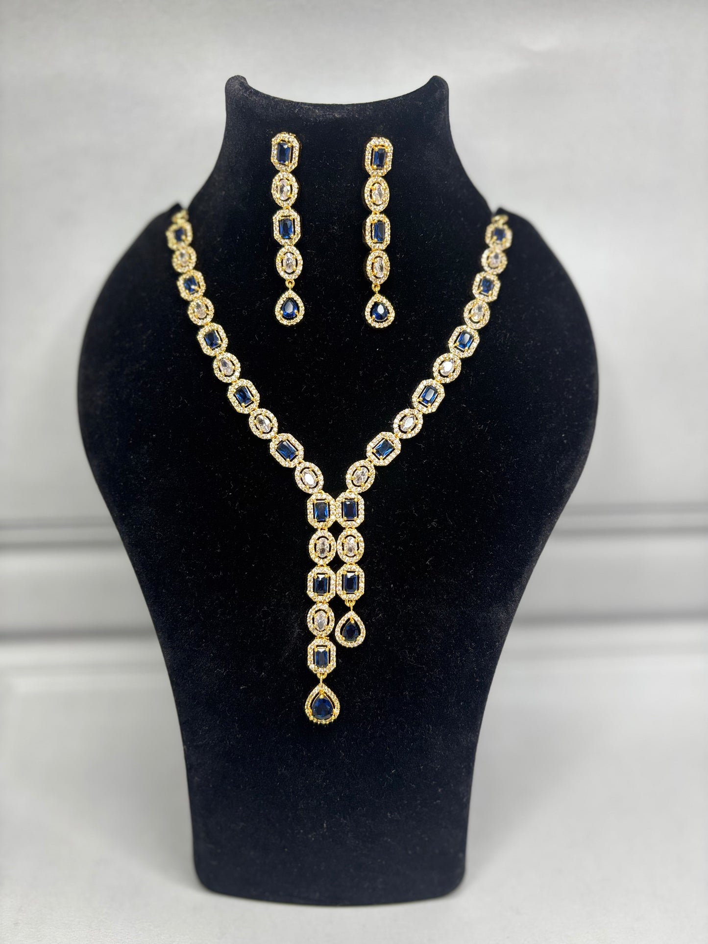 Blue-White Golden AD Necklace Set