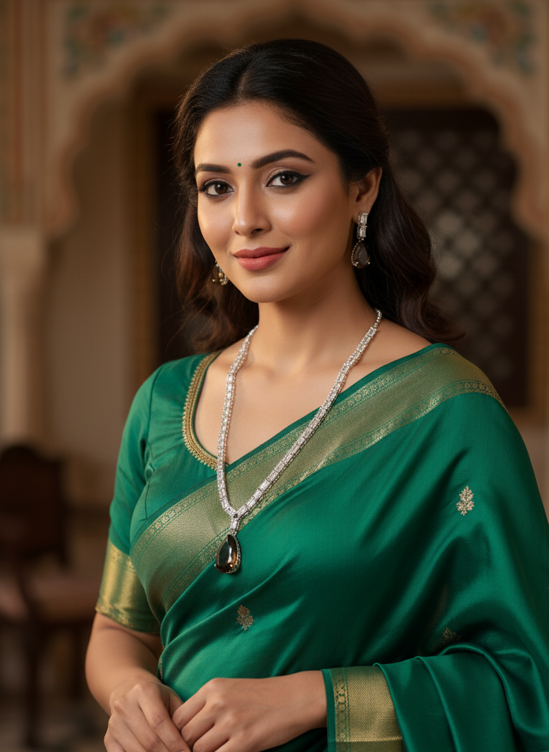 Olive Green AD Long Necklace Set