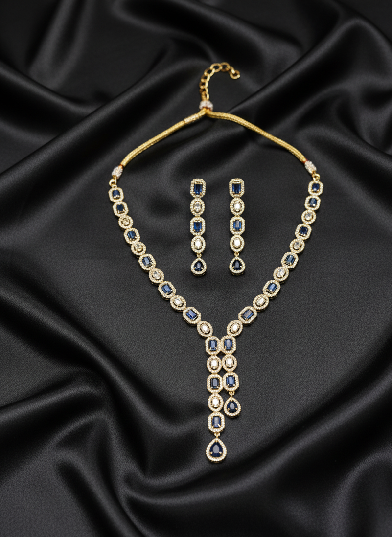 Blue-White Golden AD Necklace Set