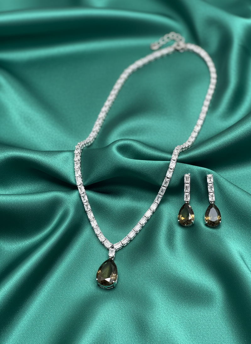 Olive Green AD Long Necklace Set