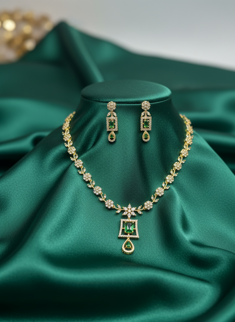Emerald Green Gold Plated AD Necklace Set